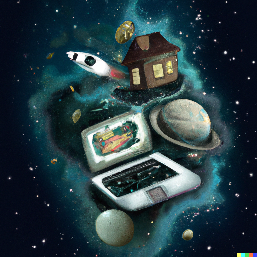 DALL·E 2022 07 23 08.02.12 Money laptop Apple Watch and a home floating in space in the style of Ori Toor. Digital art
