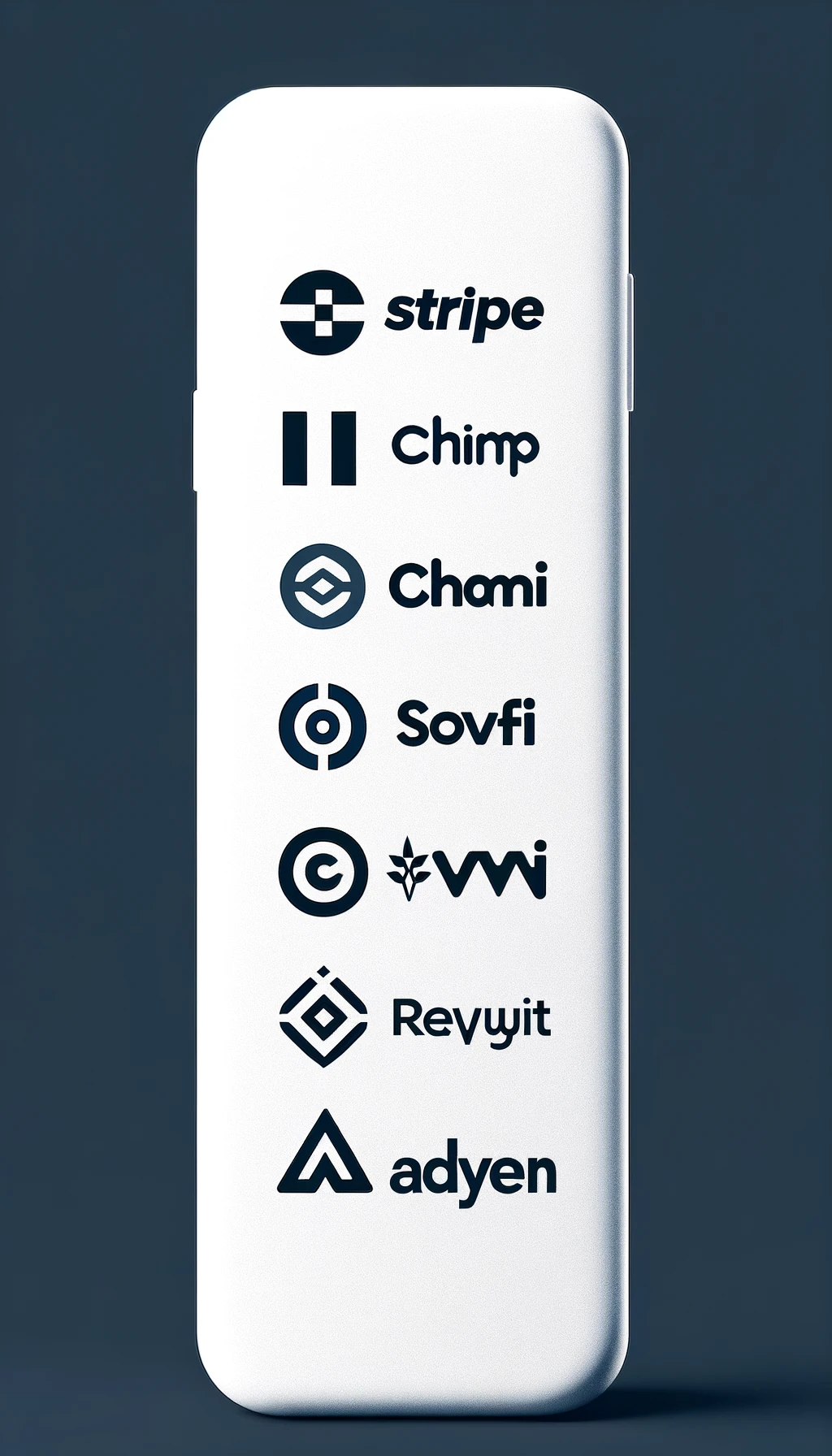 DALL·E 2024-02-21 00.42.15 - Create a minimalistic tall graphic banner featuring only the logos of the top fintech companies in a column, including Stripe, Chime, SoFi, Revolut, a